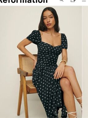 Reformation Black Floral Sweetheart Midi Dress